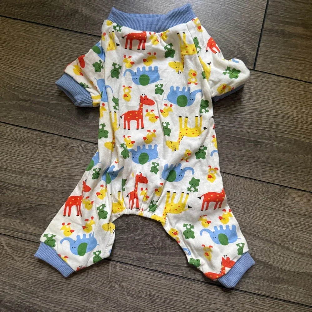 Small Pet Pajamas Dog Onesie Animal Print Giraffe Elephant Blue White S